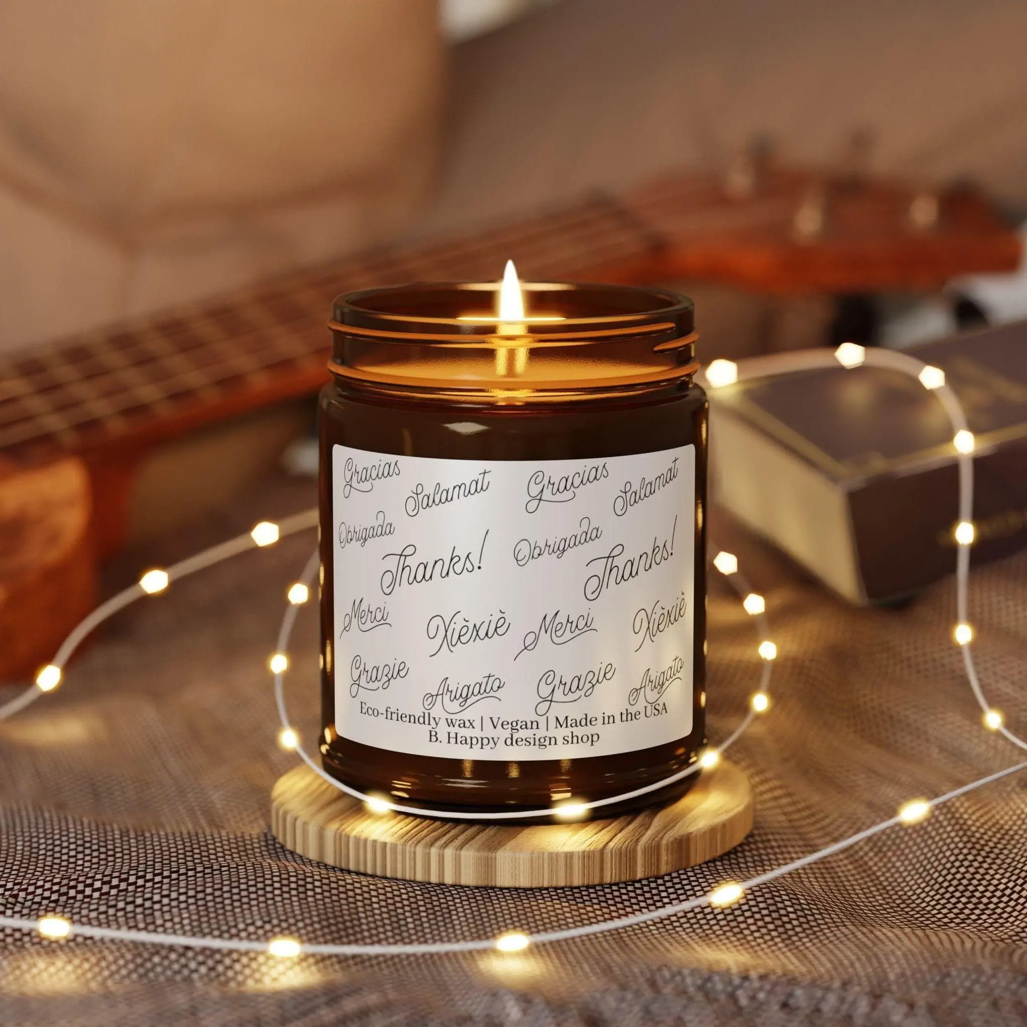 Soy Candle, Gratitude Gift, Appreciation Candle, Multilingual Thank You Candle, Amber Jar Candle, Hostess Gift, Teacher Gift