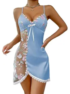 New lace floral embroidered bow sleepwear set, includes 1 Lace Trim Nightdress and 1 pair of panties, providing women with elegant pajamas that are comfortable and fashionable.