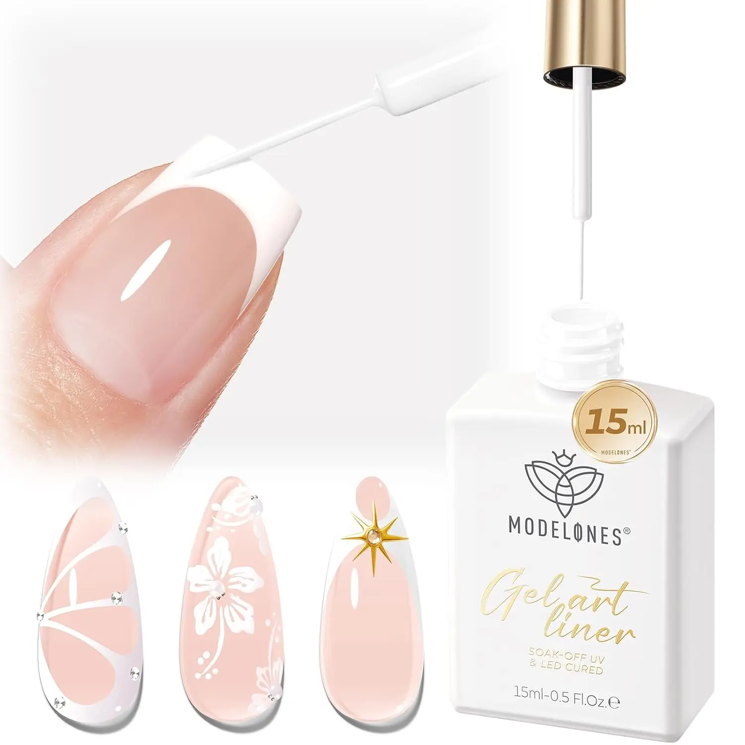 Modelones White French Tip Liner Gel Polish 15ml with Precision Brush | High-Pigment Color Nail Art Gel Paint Crisp Swirl Fine Line Design Beginner Friendly Long Lasting Soak Off U V Cure Manicure
