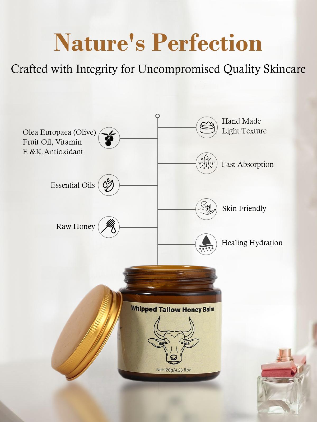 Organic Grass-Fed Beef Tallow Balm with Raw Honey & Beeswax - Natural Moisturizer for All-Body Skin Care, Hydrating Formula with Vitamins A, D, E, K, 4.23 Oz -Unscented