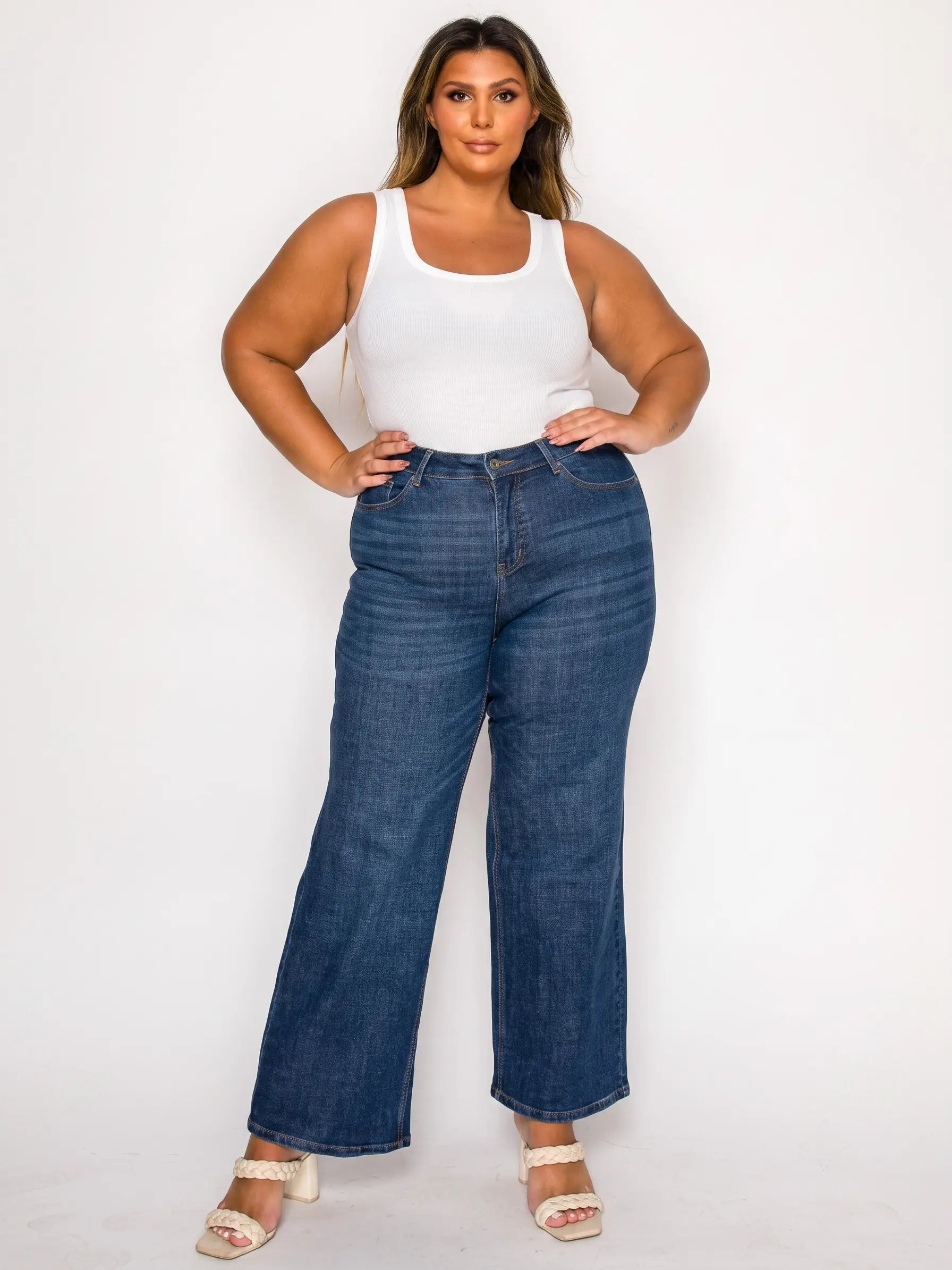 Piishoo Plus Size Dark Blue Wide Leg Trousers High Waist Comfortable Daily Wear Elastic Waist Casual Loose Fit