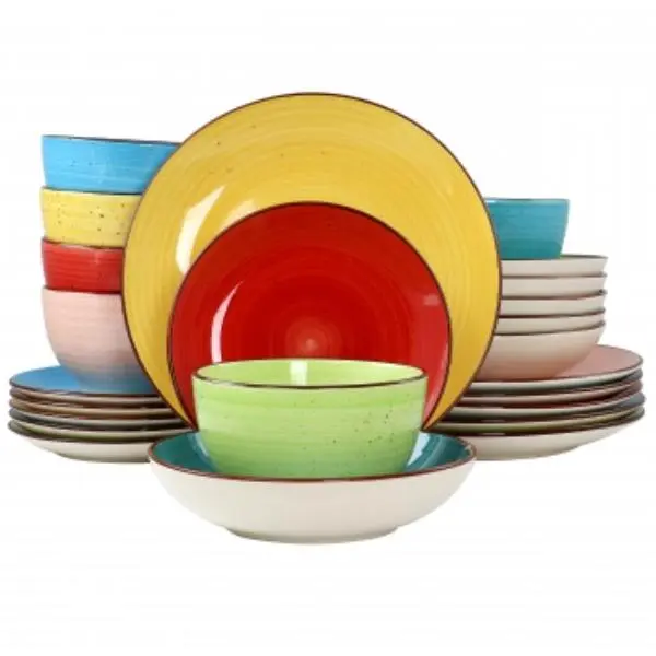 Elama ELM-SEBASTIAN24 24-Piece Sebastian Double Bowl Casual Everyday Dinnerware Set - Assorted Colors, Brush-Like Swirls, Dishwasher Safe