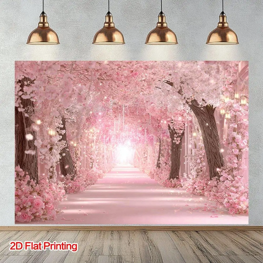 1PC Polyester Reusable 2D Flat Romantic Pink Cherry Flower Path Door Banner - Home & Festive Party Supplies, Birthday Backdrop with Flower Tree Light Scene for Sweet Ambiance
