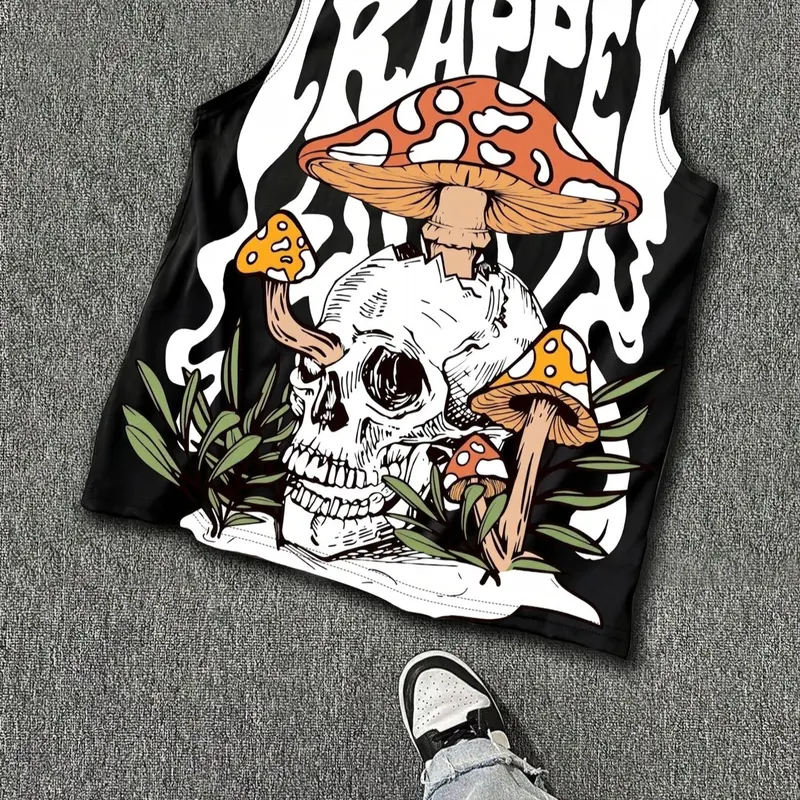 Dark Aesthetic "TRAPPED" Skull Mushroom Tank Top Vest Men's Streetwear Sleeveless Tee Edgy Streetwear, Trippy Graphic, Dark Aesthetic, Retro Psychedelic, Bold Print, Graphic Tank Tops