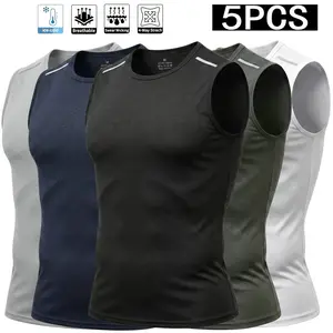 5-Pack Men's Sleeveless Workout Tank Top, Quick Dry Breathable Moisture Wicking Gym Shirts, Slim Fit Compression Muscle Tank with Reflective Strips for Running, Training, Basketball, Fitness, Outdoor, Lightweight Stretchy Activewear