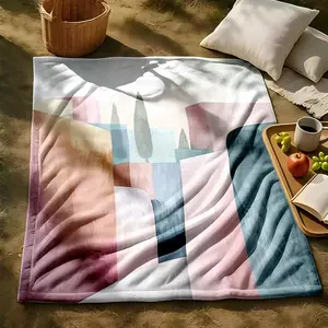 1 piece Abstract city architecture and pine tree landscape painting themed flannel blanket - Flannel blanket with modern design, suitable for sofas and beds, all-season use, super soft and comfortable, digitally printed pattern, 100% polyester