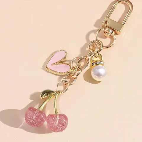 Mother's Day Gift Women's Elegant Cherry Design Keychain, Cute Shiny Cherry Keychain, Fashionable Pendant Bag Charm, Casual Style, No Choking Hazard, Trendy Cute Keychain, Stylish Keychain, Cute Charms Keychain, Keychains Cute