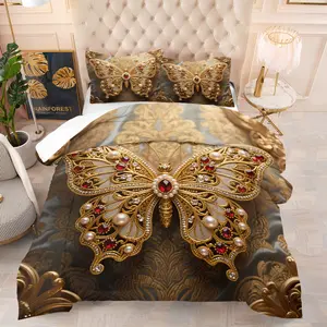 Luxurious Palace Style Comforter Set-with Silk-Cotton Filling, Gilded 3D Butterfly Main Visual Print Bedding Set, Includes 1/2 Pillowcases - without Core, Elegant and Regal, Soft and Comfortable, Perfect for Bedding Decor in European Palace-Style Bedrooms