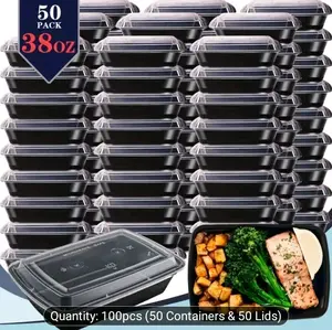 100pcs (50 Containers & 50 Lids) Black Rectangular Meal Prep Containers 38oz Stackable and Leakproof Food Storage Container Set Disposale Bento Box Ideal for Takeout and Meal Prep Microwave & Dishwasher & Freezer Safe