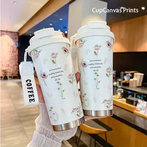 1pc Floral-Inspired 18oz Thermos Cup - 304 Stainless Steel, with Insulation and Portable Straw, Suitable for Coffee and Water, Leak-Proof Double-Layer Vacuum Insulated Travel Cup, Water Cup, Coffee Cup, Car Cup, Tumbler with Lid and Straw, Perfect for Off