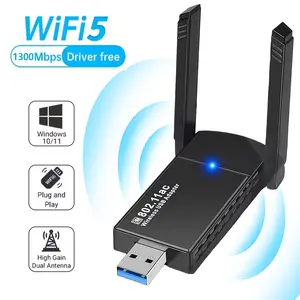 USB WiFi Adapter, Dual Band Wireless Network Card with 5dBi Dual Enhanced Antennas, Wireless AC1300Mbps USB 3.0 WiFi Dongle, Compatible with Win 11/10/7, USB WiFi Adapter for Desktop PC, Desktop PC Laptop Internet Network Wireless Card