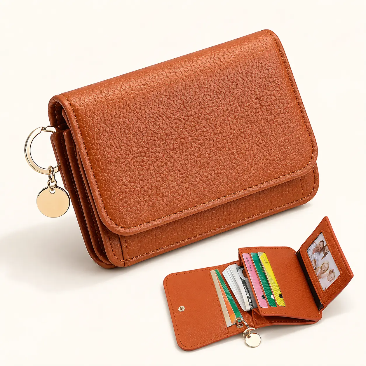 Women’s Compact PU Leather Wallet with ID Window, Card Slots, Zipper Coin Pocket & Key Ring, Small Bifold Card Holder for Everyday Carry