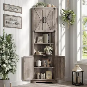 [SummerVibes] Vabches 68.9" Tall Farmhouse Freestanding Wood Cupboard - Corner Sideboard with Storage, Barn Door Wood Cabinet Chest, Adjustable Shelves, Apartment Furniture for Kitchen, Living Room