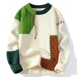 Men Knitted Jumpers Patchwork Sweater O Neck Pullovers Spliced Long Sleeve Jumper Slight Strech Standard Wool 2024 Casuallfqg