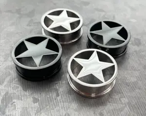 PAIR of Stunning Surgical Steel Star Screw Fit Tunnels / Plugs - Silver or Black - Gauges 2g (6mm) thru 1" (25mm)