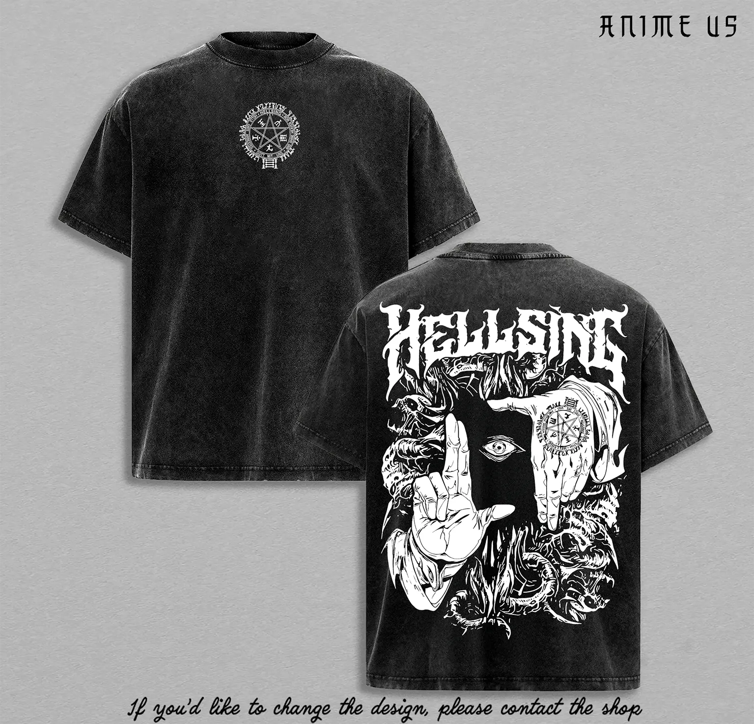 Alucard Hellsing Shirt Anime Vampire Hand Signs Graphic Tee Vintage Washed Oversized Dark Streetwear Unisex