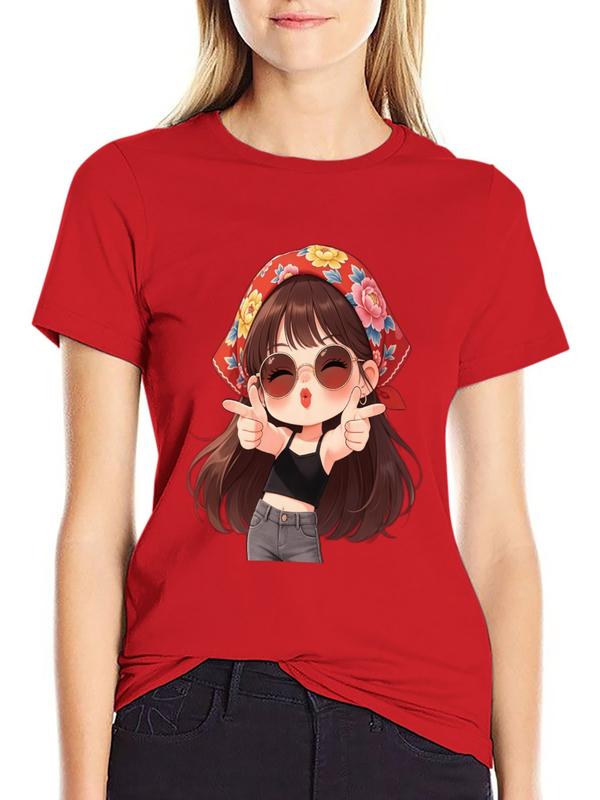 Women's Cotton Crew Neck Short Sleeve T-Shirt - Heat Printed Floral Bandana, Girl Sunglasses, Finger Guns Graphics, Retro Halloween Fitted 1-Piece Breathable Minimalist Essential Top