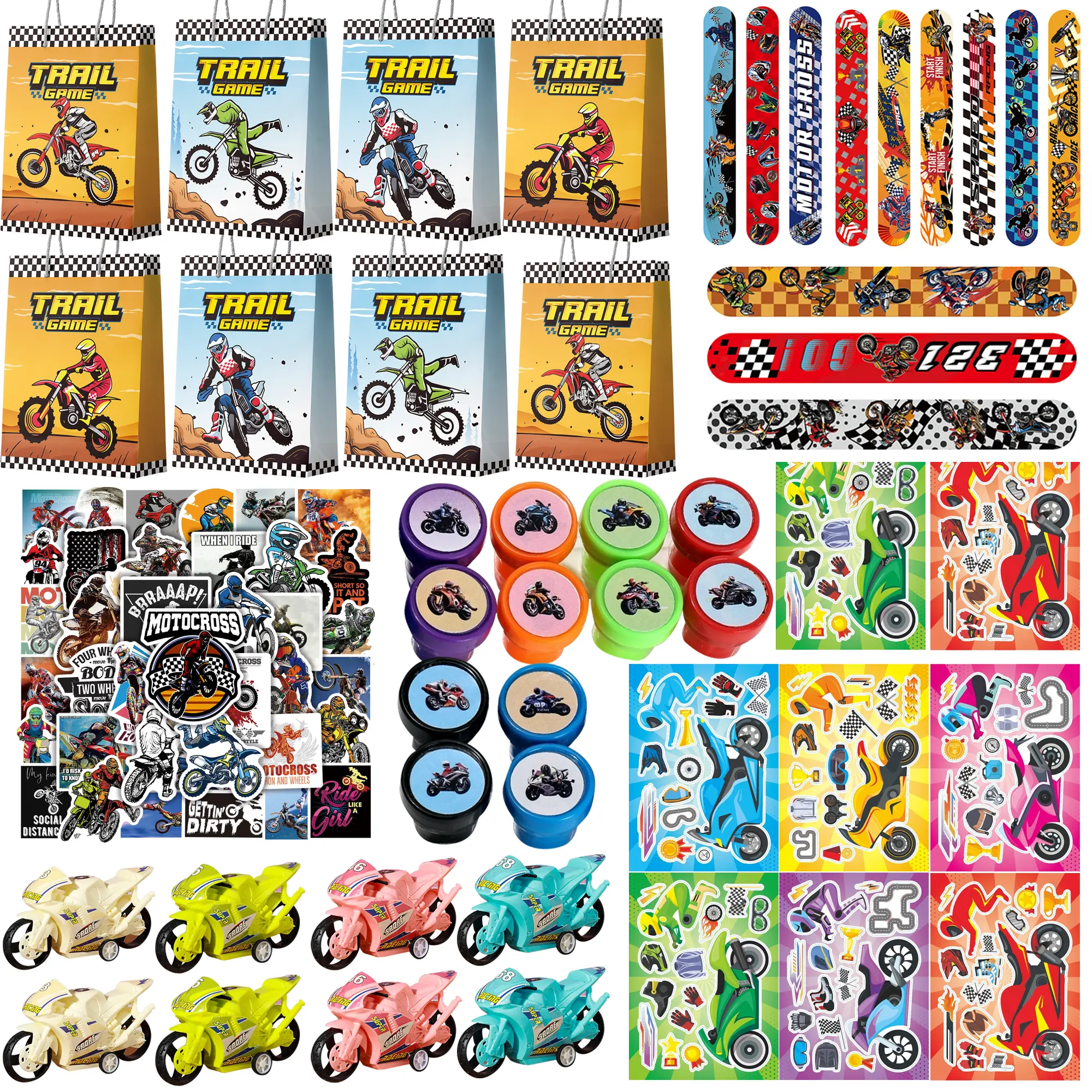 110pcs Unisex Motocross Motorcycle Party Favors Set - Dirtbike Birthday Goodie Bag Gifts with Slap Bracelets, Stampers, Make-Your-Own Stickers and Decorations for Party Supplies