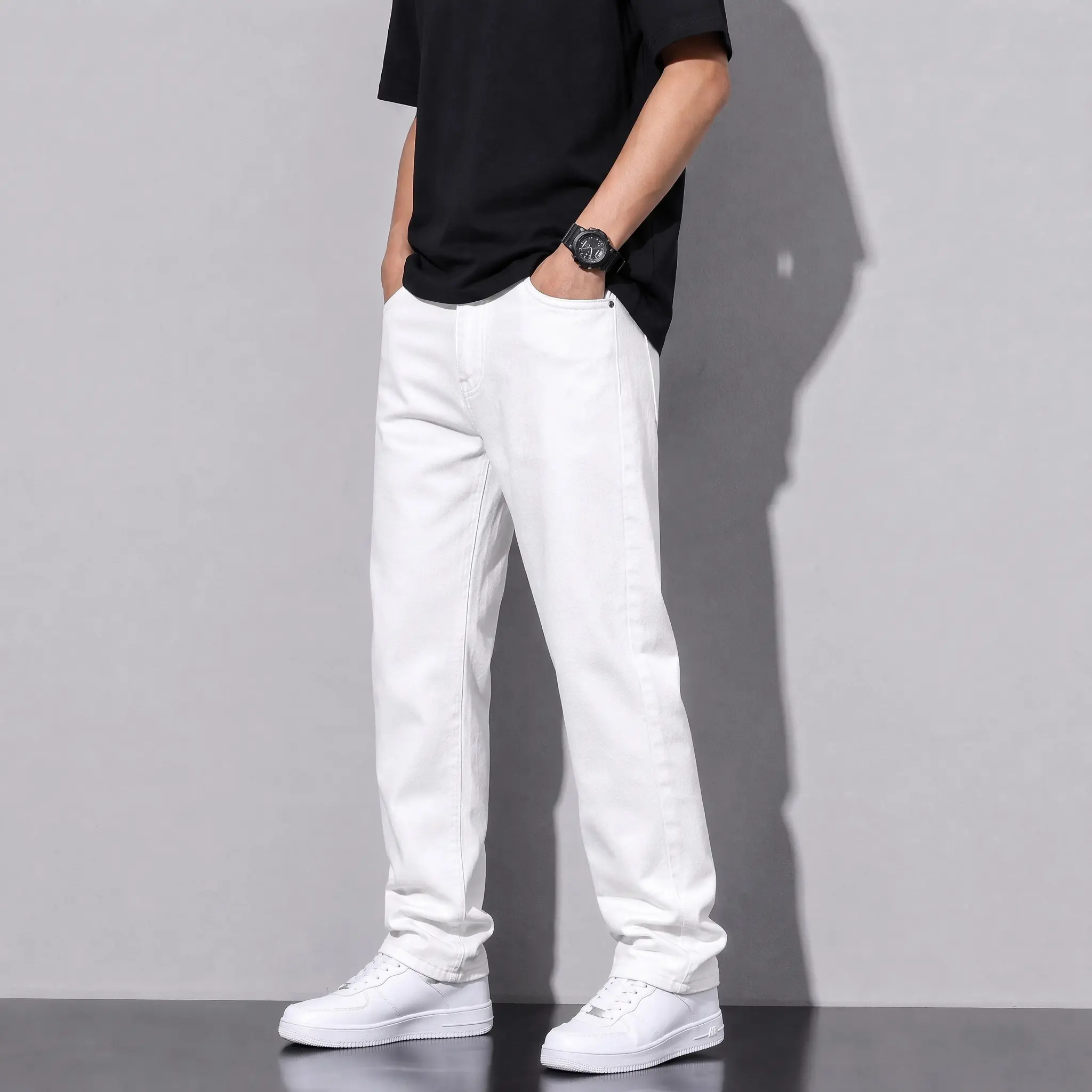 Men's Plain White Wide-Leg Stretch Denim Pants - Minimalist Retro-Inspired Long Trousers, Oversized Wide-Leg Loose Baggy Fit, Drapey Cloud-Like Cotton Fabric for City Boy Outfits, Menswear, Jeans, Chunky, Street Wear, Sneakers, Streetwear, White Jeans