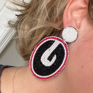 Georgia G Beaded Earrings for UGA Football Games Hand-Beaded Oval Design with Red Black and White Detail