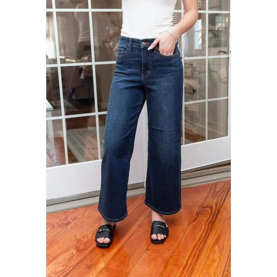 Women's High Rise Jeans in a Dark Wash - Wide Leg Relaxed Fit with an Ankle Cut in Stretch Cotton Fabric, Spandex, Bottoms, Style Jeans, Loose Straight Leg Jeans