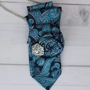 All Shades of Blue Women's Tie with Brooch, Paisley Pattern, Adjustable Length, Necklace Attachment