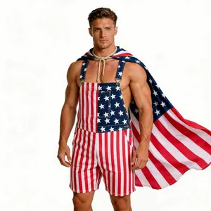 4th of July American Flag Overalls Shorts for Men Women, Denim Bib Shorts USA 250th Patriotic Outfit for Backyard BBQ, Summer Festivals and Travel Outfits