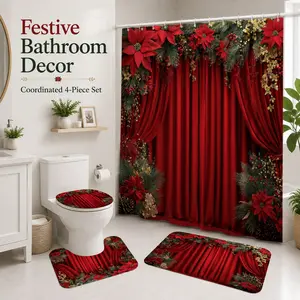 Red Christmas Bathroom Accessory Set, 4-Piece Shower Curtain Collection with Floral Garland Pattern, Matching Toilet Mat and Floor Rugs, Decorative Holiday Touch for Cozy Home Spaces