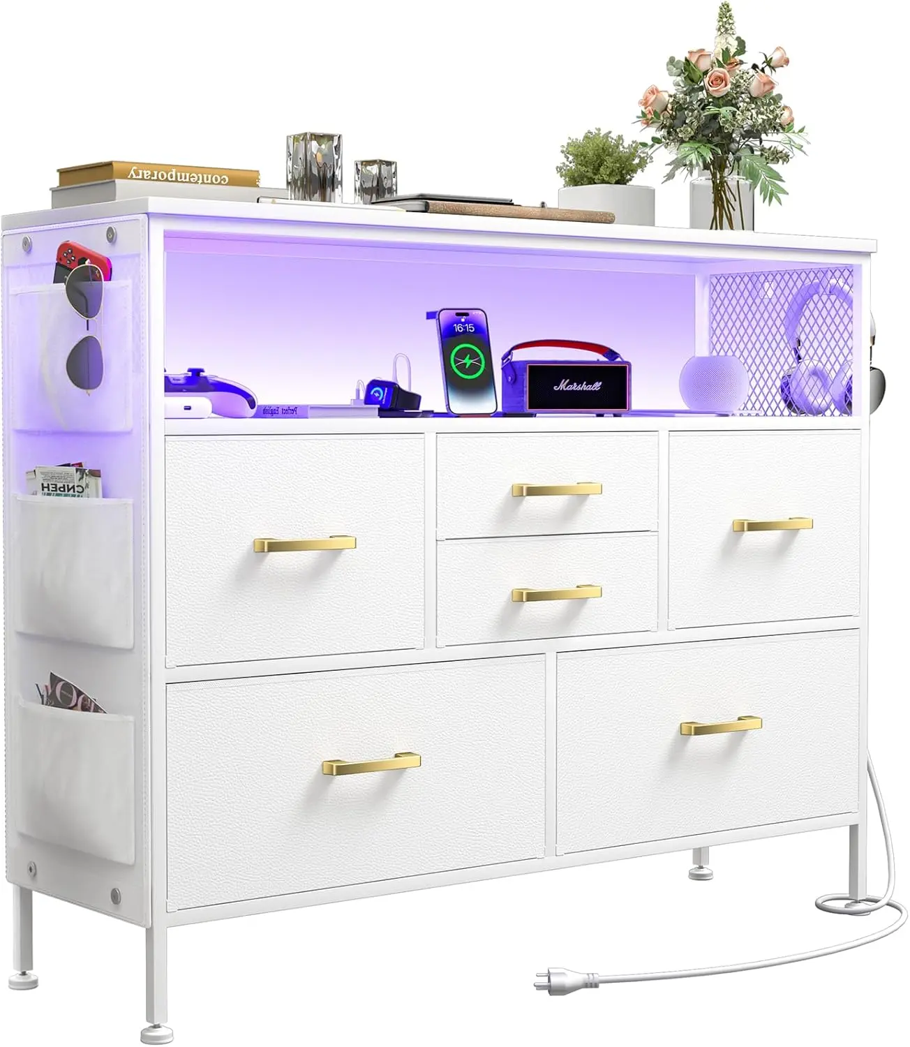 White Dresser for Bedroom Dresser, TV Stand with 6 Drawers, Bedroom Dresser with Power Outlets and LED Light, Fabric Dressers & Chests of Drawers with Shelves, Side Pockets & Hooks for 45" TV