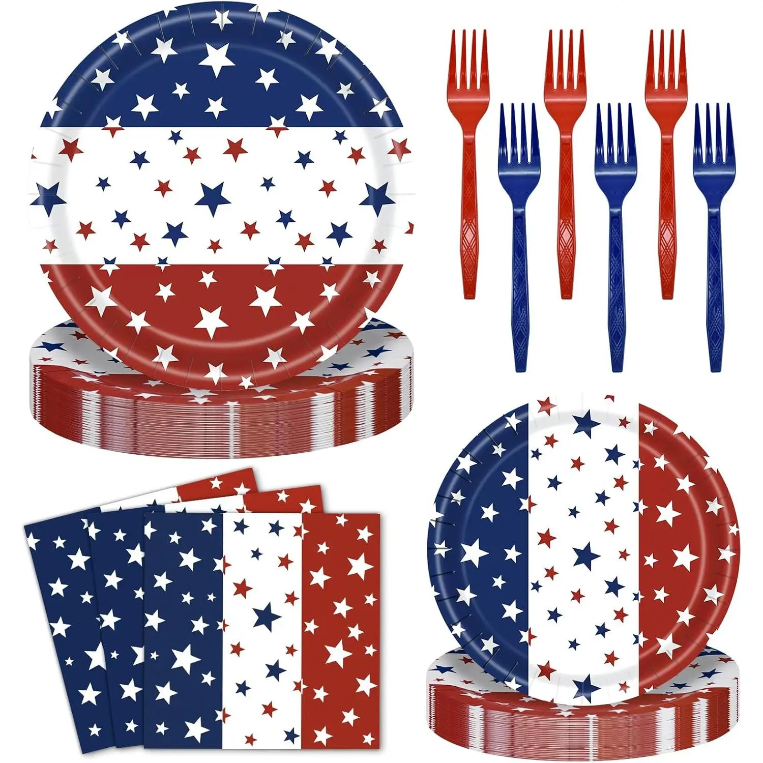 96-Piece Americana Disposable Tableware Set - Plastic Plates, Napkins, Forks, Red White Blue Stripes with Stars, Serves 24 for 4th of July, Memorial Day Party Supplies, Americana Disposable Tableware Supplies