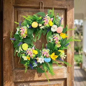 18 Inch Easter Wreath for Front Door Outside, Easter Egg Wreath with Flowers and Green Leaves, Spring Easter Door Wreath Decorations, Artificial Easter Wreaths for Front Door