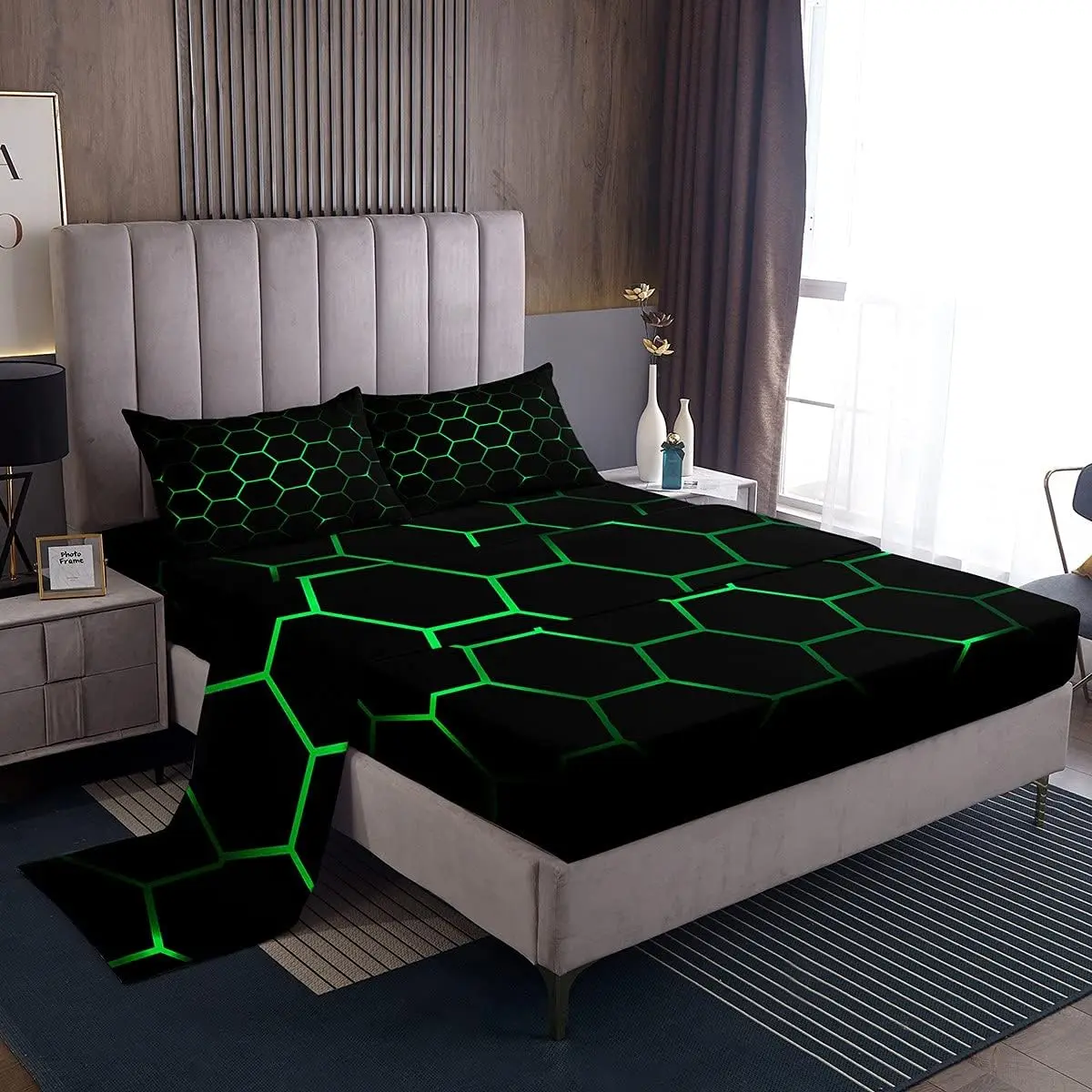 Feelyou 3D Hexagonal Geometric Decorative Bedding Set - Luxury Neon Green-Black Deep Pockets Fitted Sheets, Modern Soft Abstract Artistic Bedding Sets Collections for Bedroom Textile Furnishings