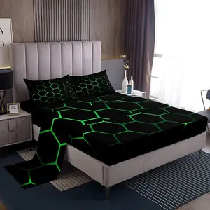 Feelyou 3D Hexagonal Geometric Honeycomb Bedding Set - Luxury Neon Green-Black Fitted Sheets, Modern Stylish Soft Home Bedroom Textile Furnishings