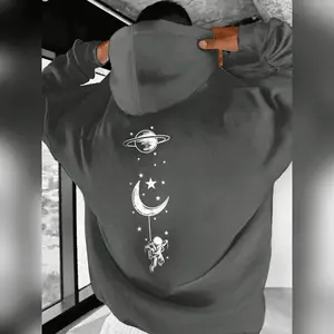 Men's Astronaut & Planet Print Drop Shoulder Hoodie Fashion Casual Loose Drawstring Pocket Hooded Sweatshirt For Daily Hoodied Breathable Cotton Hoodies
