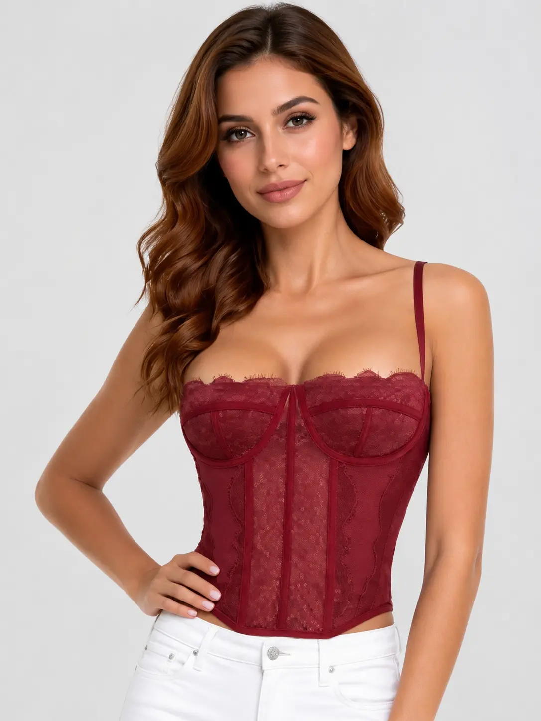 Lace Corset Tank Top for Women, Sexy Fishbone Bustier with Spaghetti Straps, Slim-Fitting Sleeveless Statement Top, Aesthetic, Elegance, Piece, Edgy Sheer Reveal, Solid Pattern, Slim-Fit Cut, See-Through Sexy Womenswear Camisole