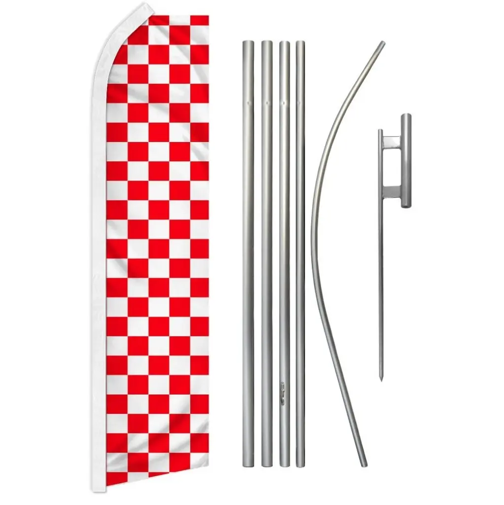 Red & White Checkered Banner Flag, 5-Part Steel-Aluminium Pole Kit Included, Festive Party Home Supplies Backdrop