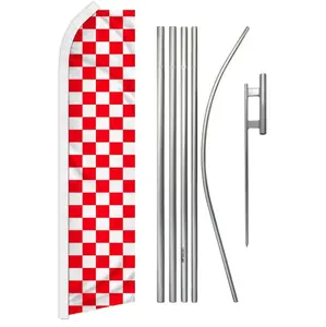 Red & White Checkered Banner Flag, 5-Part Steel-Aluminium Pole Kit Included, Festive Party Home Supplies Backdrop