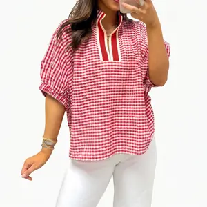 Women's Gingham Plaid Blouse Short Puff Sleeve Split V Neck Casual Summer Shirts Colorblock Trim Tops