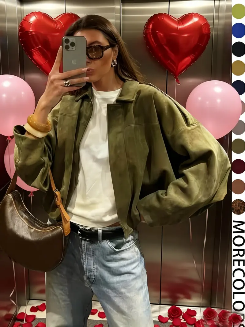 Women's Military Jacket, Army Green Loose Fit Coat For Spring & Autumn