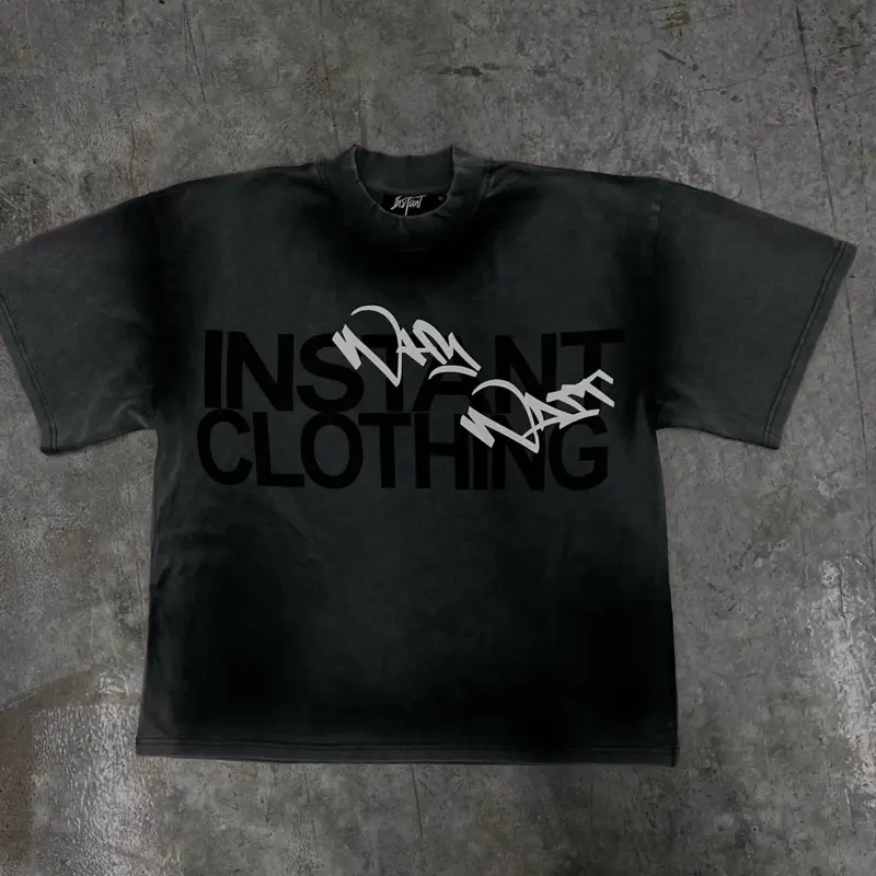 DIRTY TEE - Instant Clothing T-Shirt with shiny WhyWait logo overlapping Instant Clothing Logo. distressed at the neck with black spray for dirty look