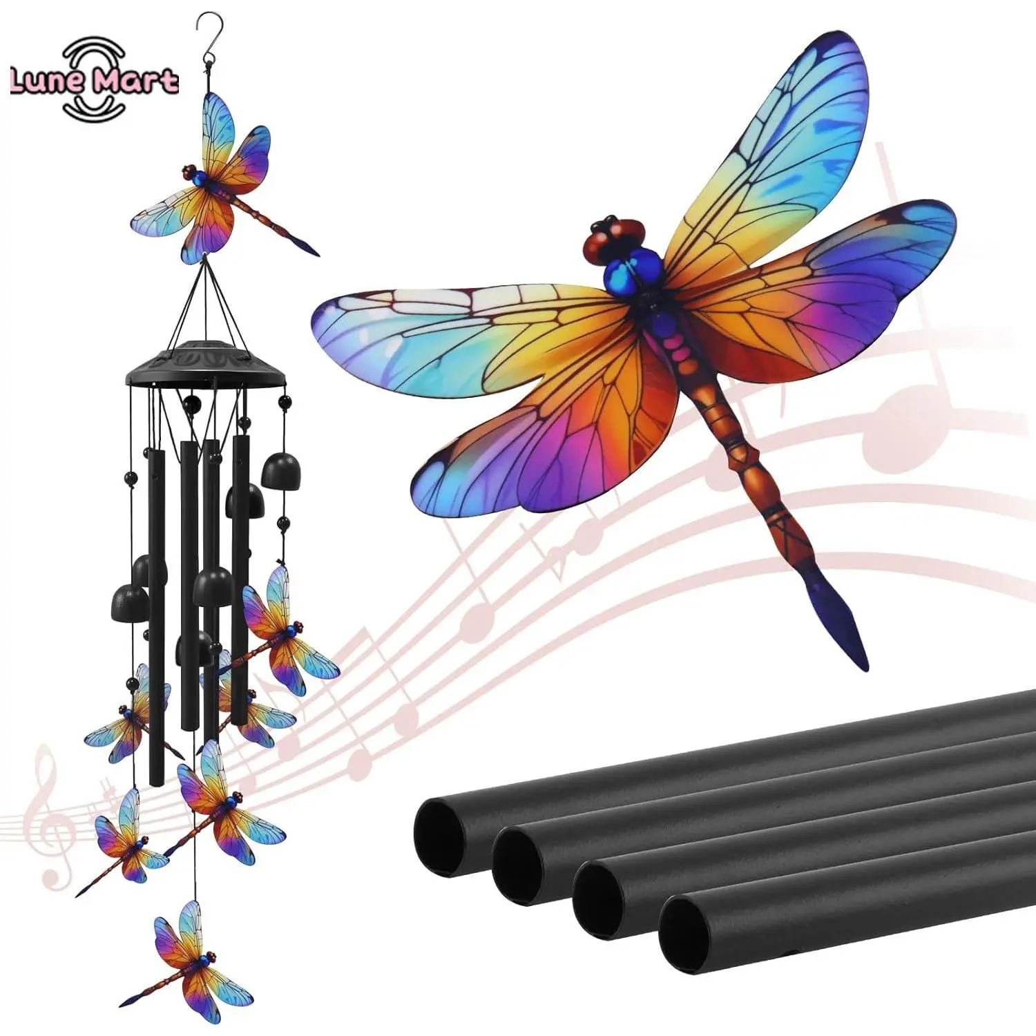 Dragonfly Wind Chimes for Outside, Black Metal Windchimes Outdoors, Dragonflies Gifts for Women/Men, Garden/Yard Decor, Memorial/Birthday Gifts for Grandma/Mom, Durable Chimes for Outdoors