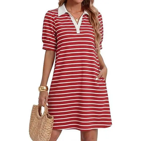 ZESICA Womens Summer Striped T Shirt Mini Dresses 2026 Casual Lapel V Neck Short Sleeve Flowy A Line Beach Vacation Dress