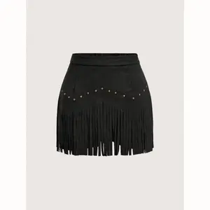Women's Vintage Hippie Rivet Fringe Black Suede A-Line Skirt, Autumn Skirt,Nashville Outfits,Pirate Skirt casual comfy denim jean fitted gym workout short