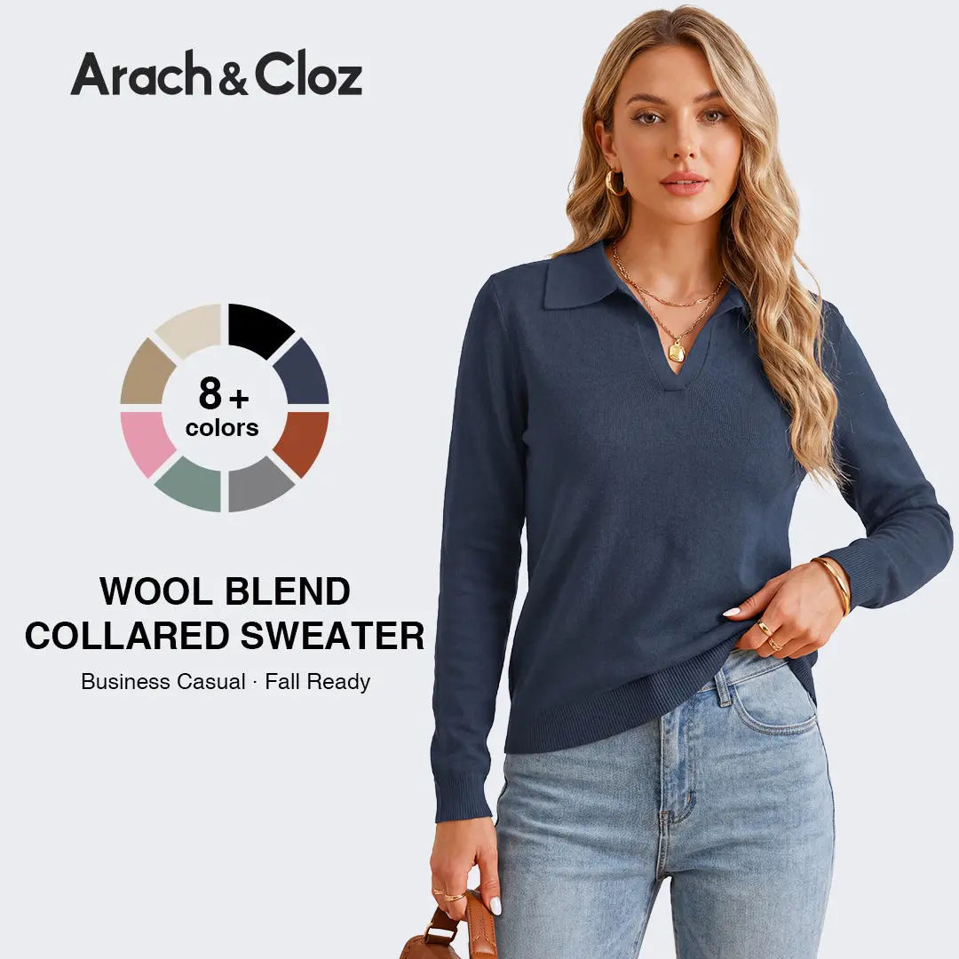 Arach&Cloz Women’s Wool Blend Polo Shirts Spring Sweaters Business Casual Outfits SummerVibes 2026