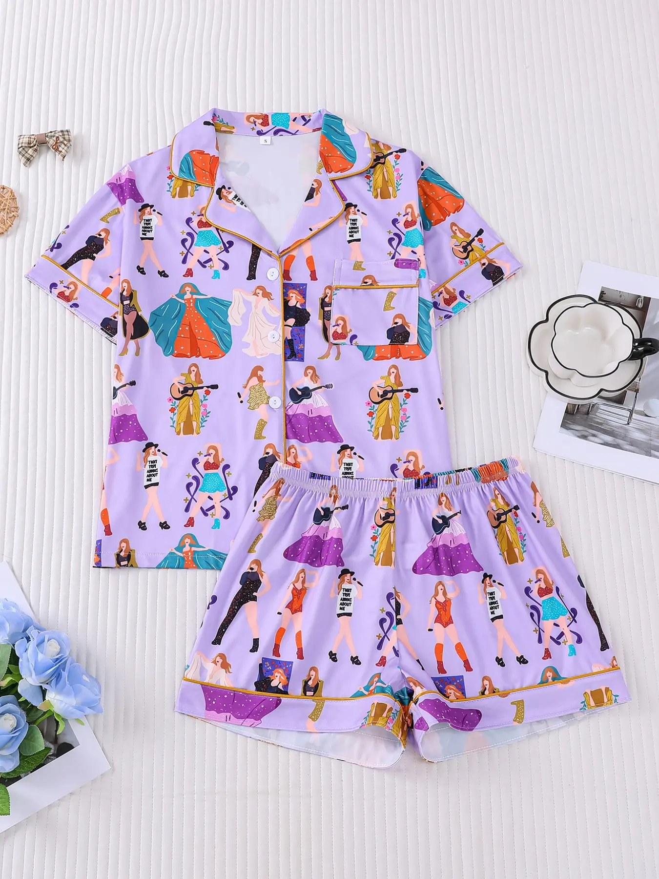 Women's Sleepwear Set, Pajama Singer Printed Short Sleeve Shorts Top, Small Pocket Comfortable Soft Skin-Friendly Elastic Waistband