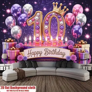 2D Flat, 10th Birthday Banner with Number 10 & Balloons - Purple & Multicolor Party Decorations Suitable for Home, Room, Wall, Birthday Party Backdrop - HD Clear Print -to-Hang 10 Years Celebration Decor, 2D Flat