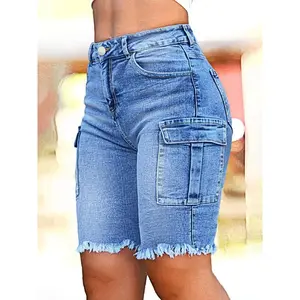 High-WaistRetroDenimShortswithRawHem&FlapPockets,SlimFitWashedBlueDistressedKnee-LengthJeansforWomen-Spring/SummerPlusSizeStreetStyle,SummerShorts|DistressedJeans|CottonDenim