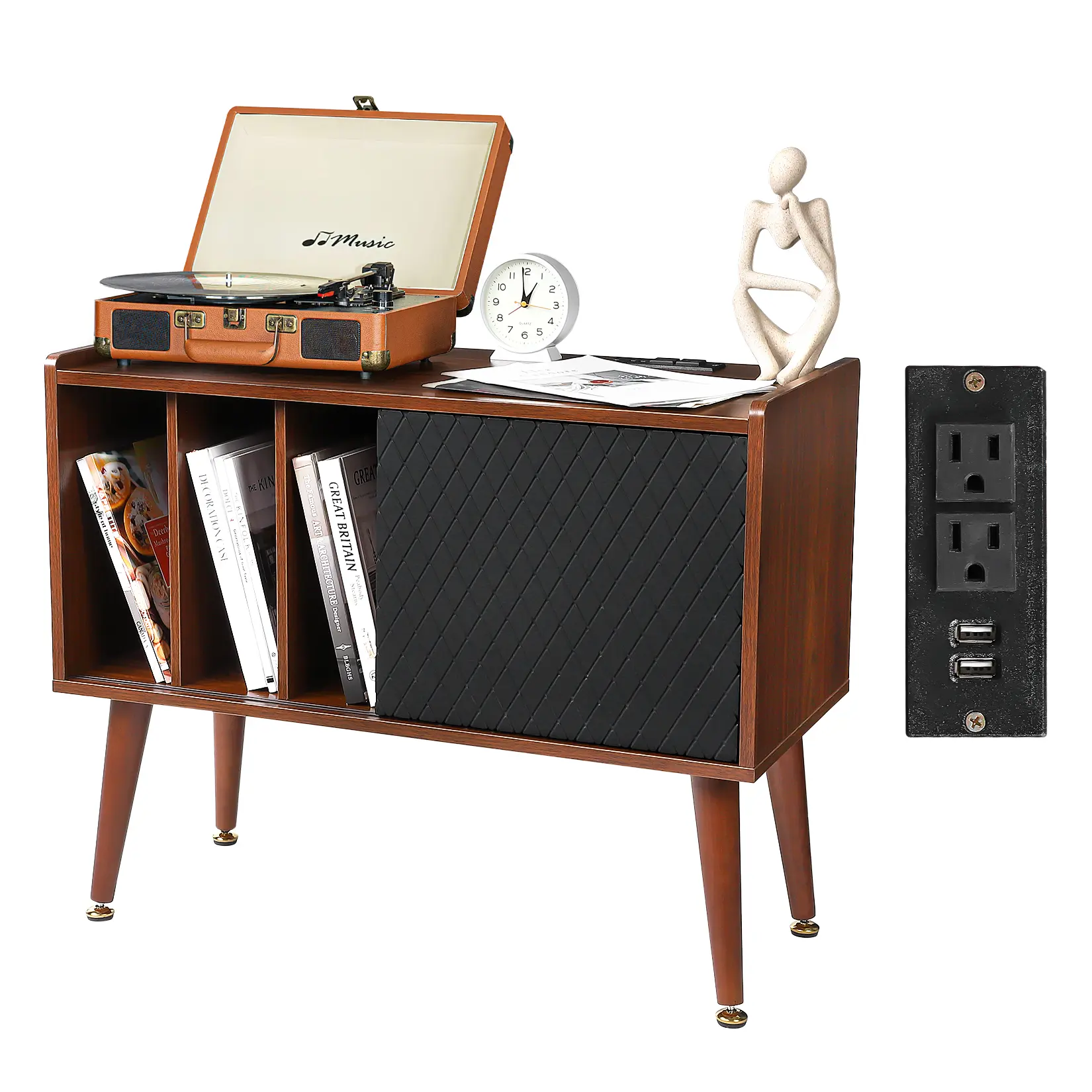 Modern Brown Freestanding Record Player Stand - Indoor Furniture with Built-In Outlets and USB Ports, TV Stands & Multimedia Centres, 2 Plug Outlets, 300-Album Capacity, Storage Compartments, Power Charging Station, End Table for Bedroom, Living Room