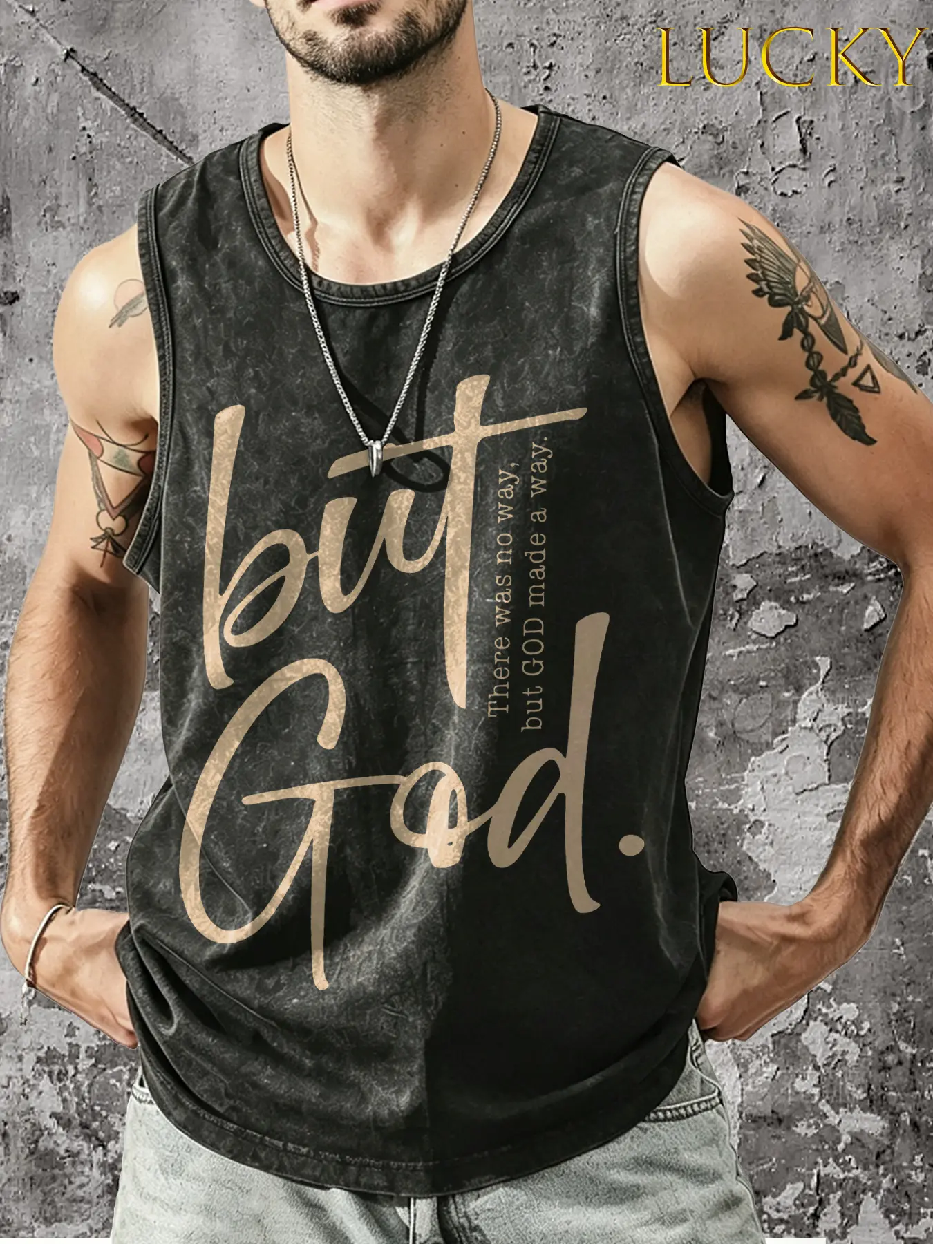 Men's Classic Simple Sleeveless Round Neck Vest - Printed Men's Tanks, Christian Menswear Apparel, Minimalist "But God" Faith Slogan for Hope in Challenging Times