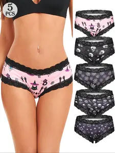 5-Pack Women's Lace Triangle Panties Set, Sweet Gothic Style Cartoon Print Underwear, Comfortable Breathable Fitted Design for All Seasons, Trim Lace Panty